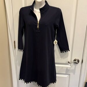 Spartina 449 Navy 1/2 Zip Fringe Long Sleeve Dress with Gold Accents Size S NWT